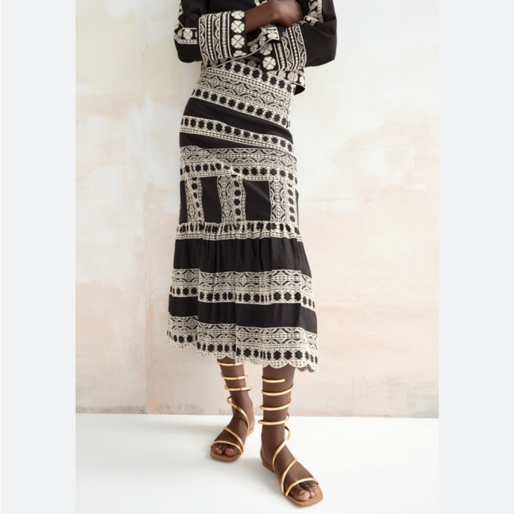 Zara high waisted embroidered midi skirt